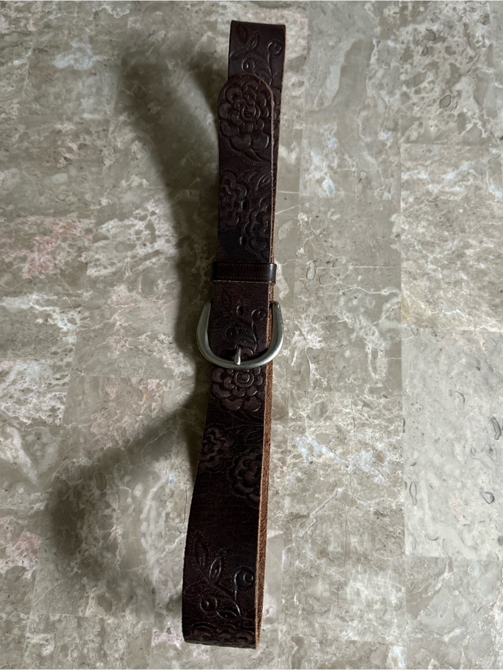 Fossil Belt Brown Genuine Leather Women's Size L Embossed Floral Made In India - Picture 2 of 12